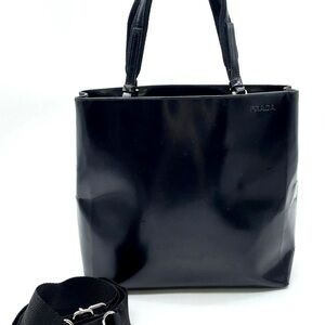 Authentic Prada Enamel Leather Black 2way Tote Bag W/Strap NS110310👝